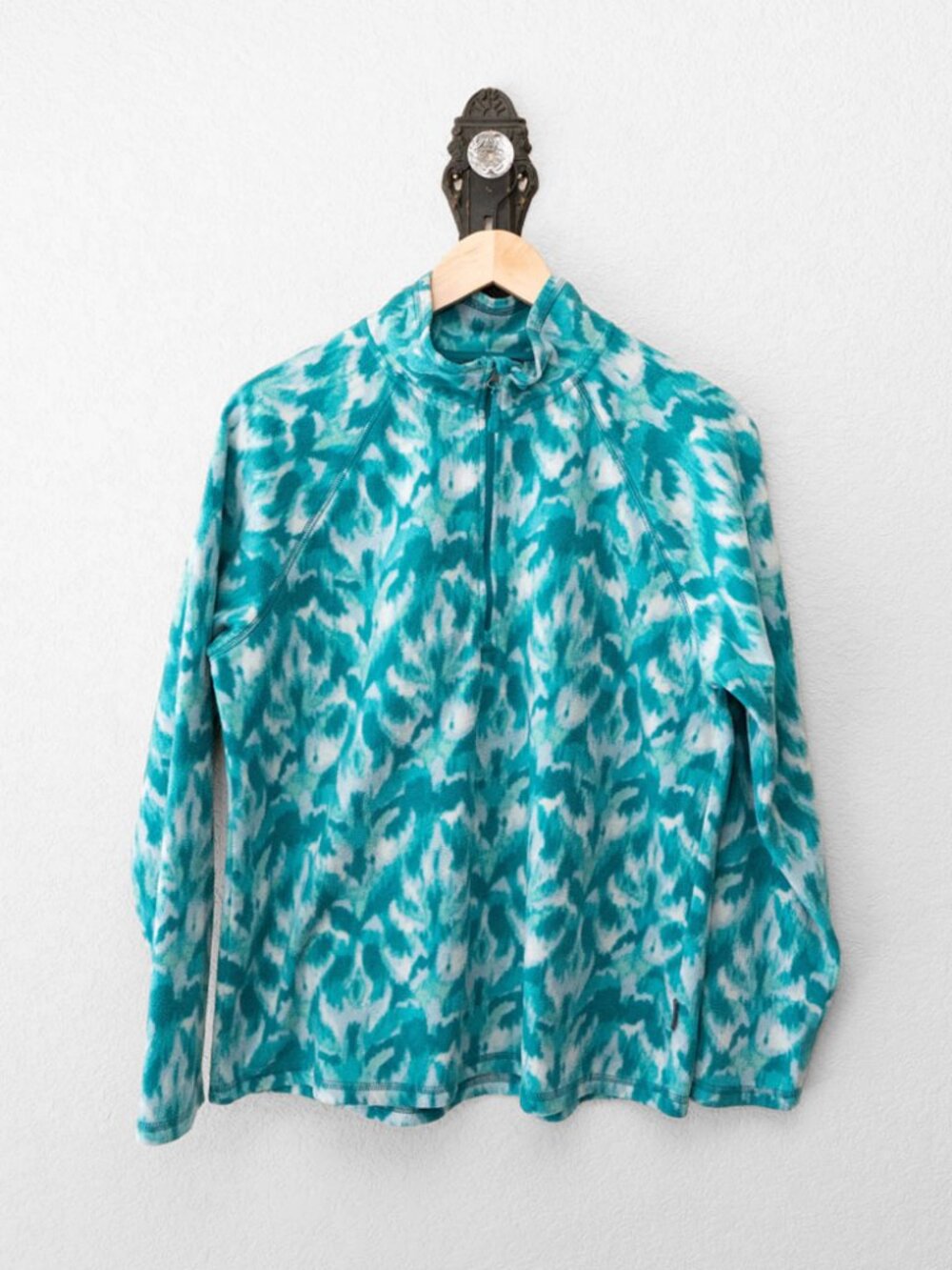 Eddie Bauer Fleece Pullover Womens L Turquoise Print 1/4 Zip Outdoor Cozy